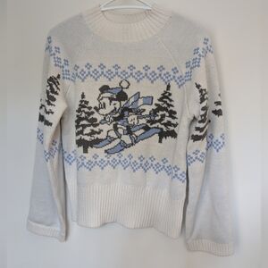 Disney Women’s XS Sweater – Mickey Mouse Skiing Graphic White Blue Black